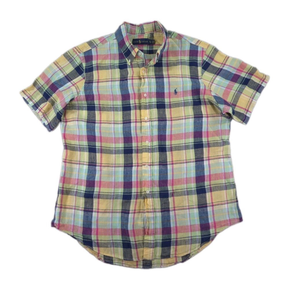 Ralph Lauren 100% Linen Shirt Mens XL Plaid Pony Short Sleeve Multicolor